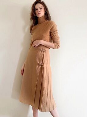 Vintage Pierre Cardin, Wool, Camel Coloured Pleated Midi Skirt